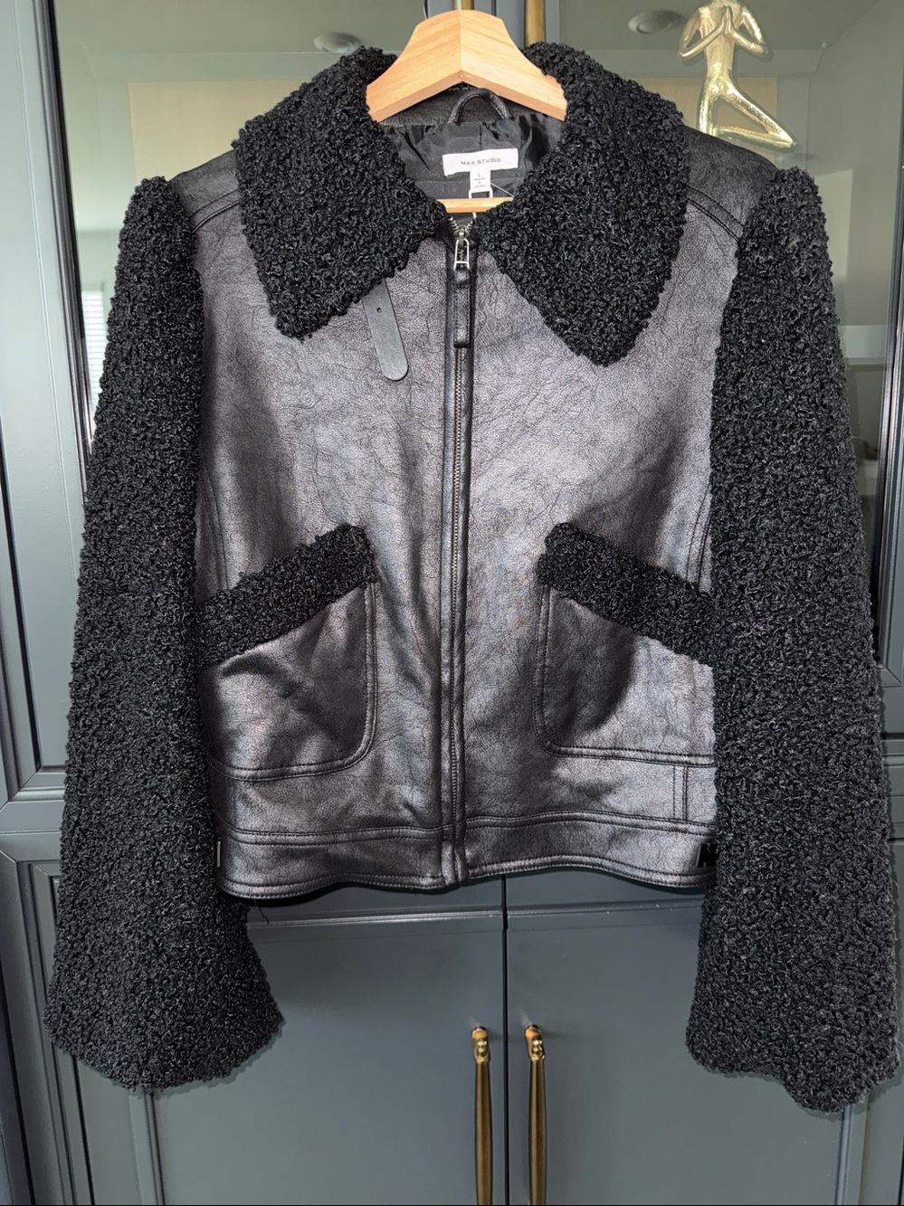 Max Studio Black Faux Leather Jacket with Shearling Trim
